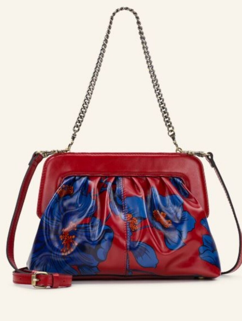Patricua Nash Red Blue Leather Zelia Framed Clutch With brushed brass Handle Bag